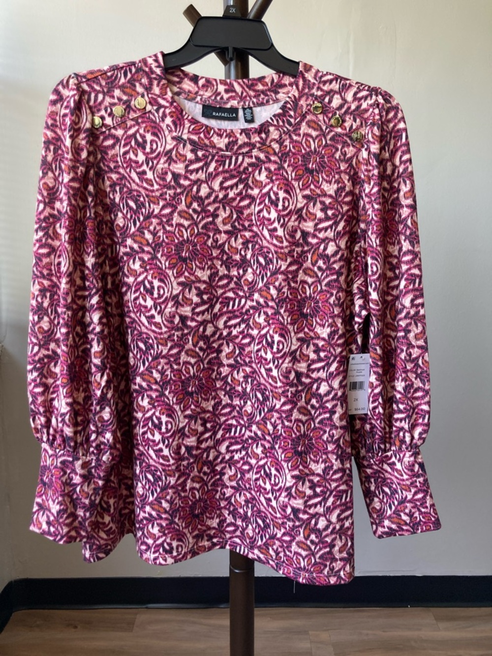 Rafaella abstract floral print top w gold toned buttons embellished shoulders 2X